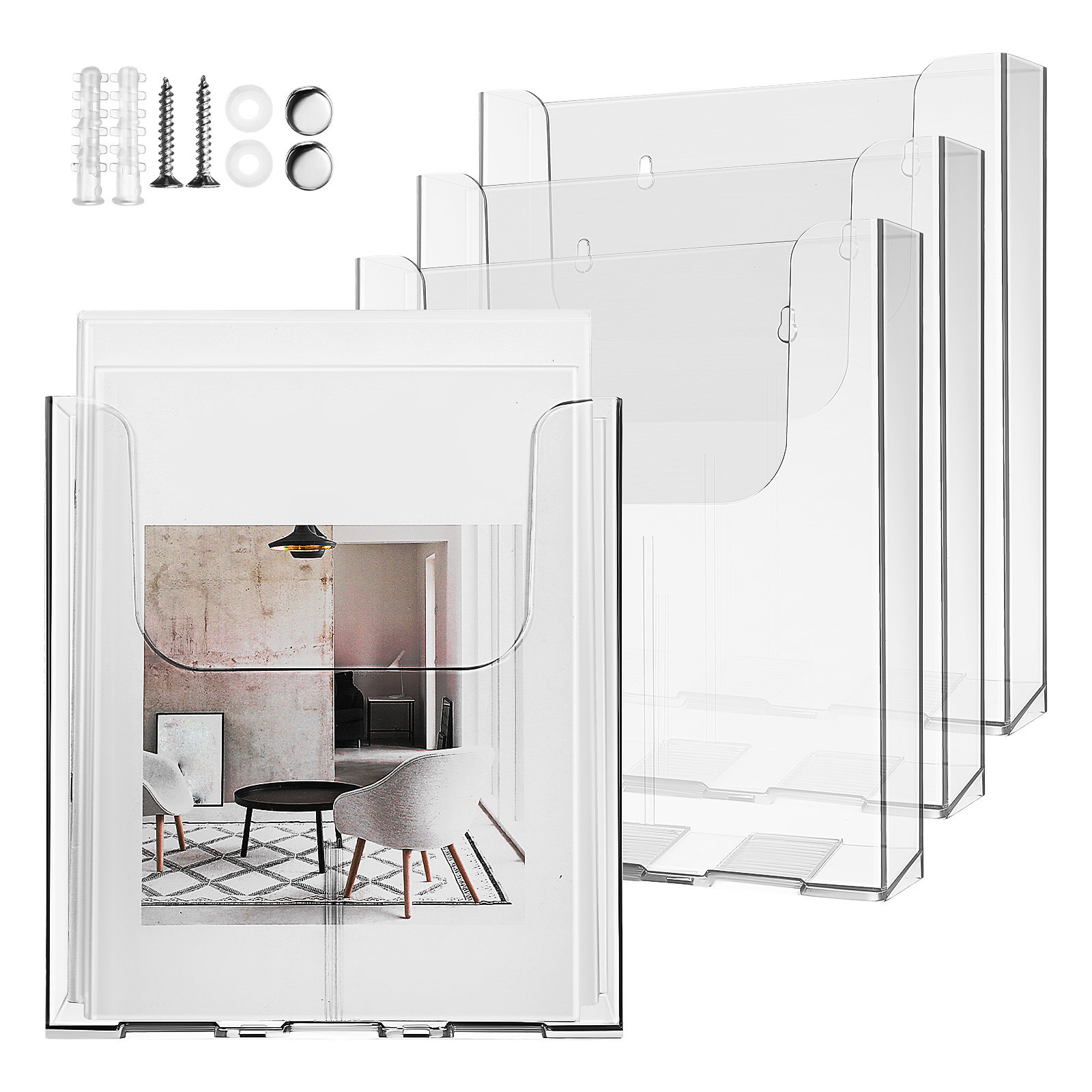 Document Holder Stand - アクリル製壁掛け式書類ホルダー4個セット。透明なパンフレットやチラシを整理・展示できるA4サイズ。オフィス、家庭、学校でのミニマルなインテリアに最適。
