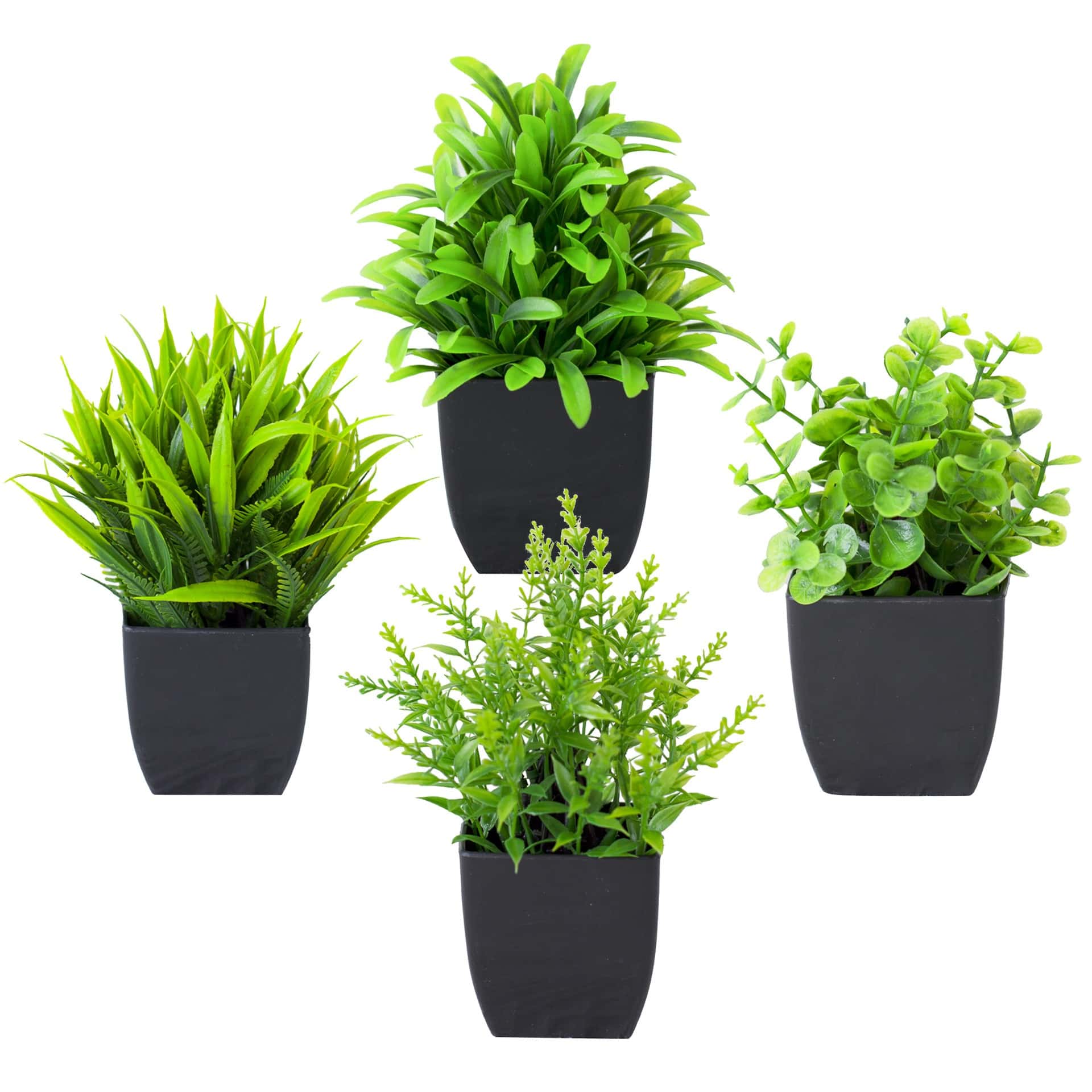 Home Office Layout - 1個のリアルなミニユーカリ鉢植え、黒い鉢付き、人工観葉植物、自宅、オフィス、バスルーム、テーブルトップ、棚、室内装飾用