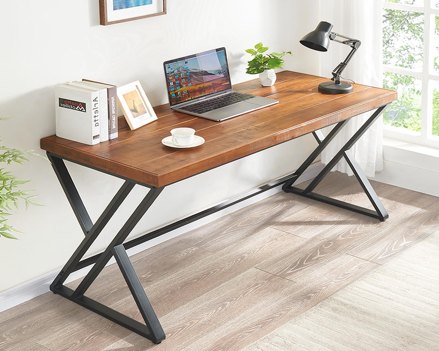 Home Office Work Table - 60インチ無垢材コンピューターデスク、ファームハウス風ライティングワークテーブル、ホームオフィス用インダストリアルメタルフレームワークステーション、カスタマイズ可能