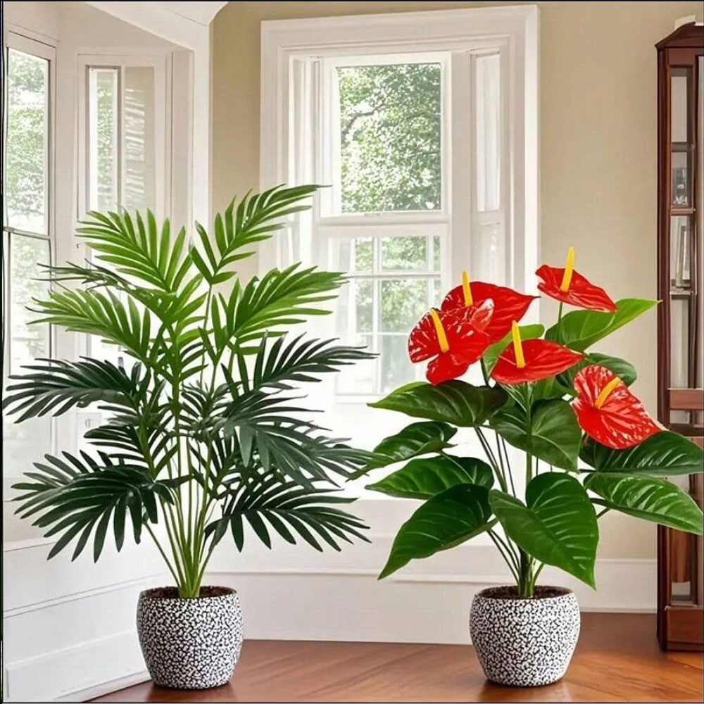 2 セット大型人工ヤシ植物とアンスリウムグリーンサイカス葉プ - Home Office Layout のレビューと価格